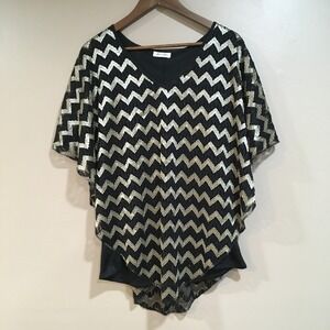 Brittany Black Metallic Poncho Overlay Top Women L Black Gold Chevron Glam Party